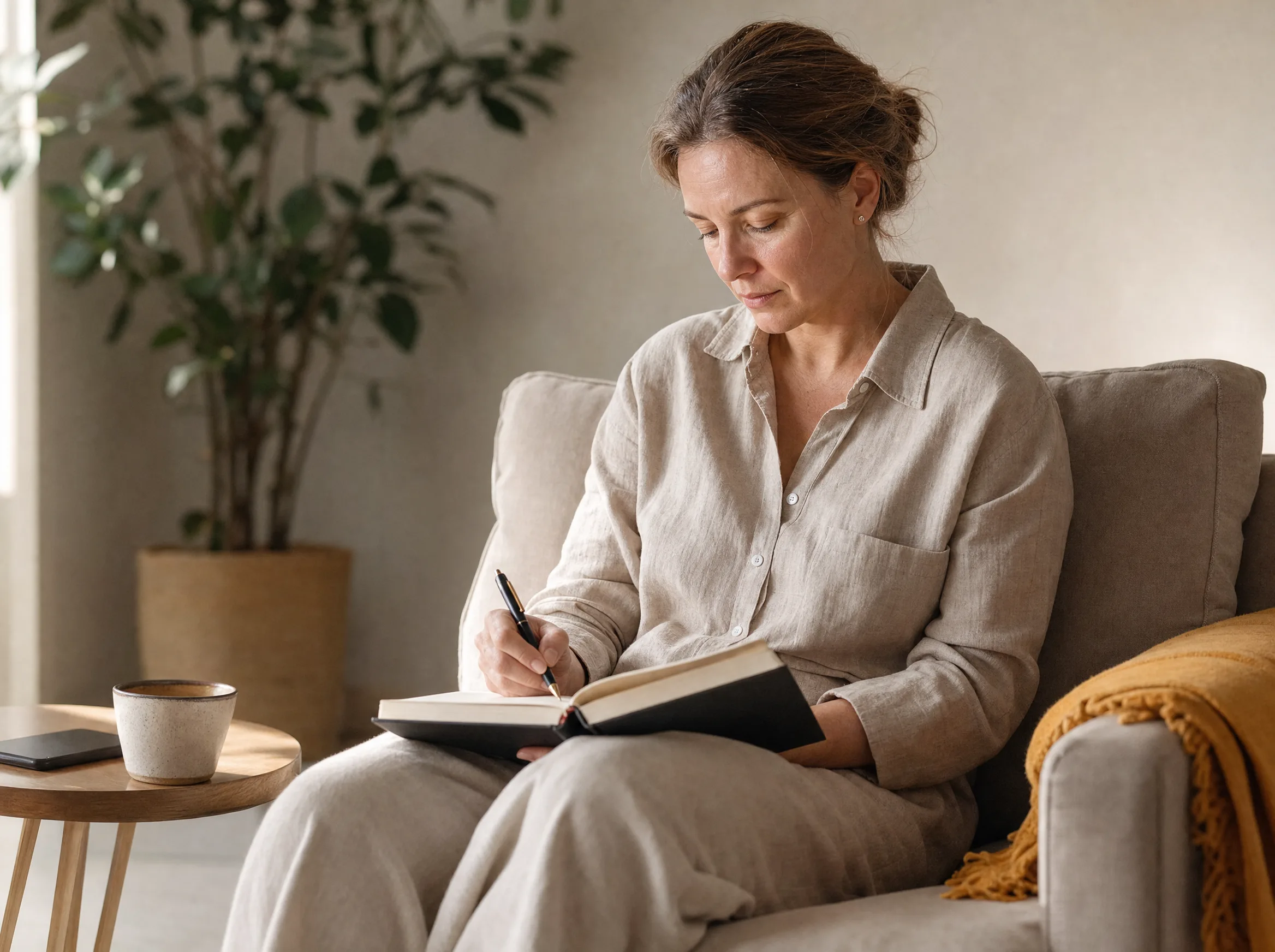 A woman in her early forties in a linen shirt, sitting on a sand-colored couch and writing in a clothbound notebook with a fountain pen.