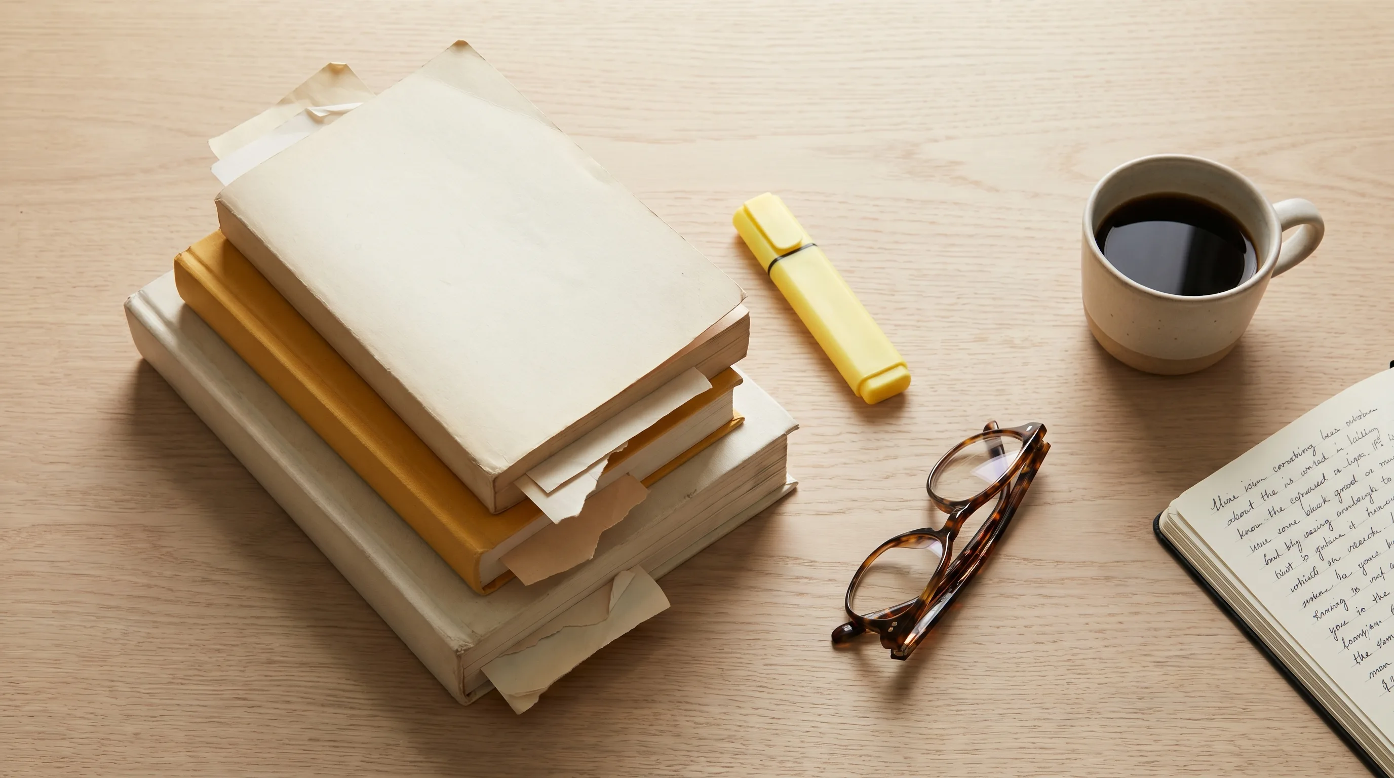 Overhead flat-lay on pale oak: a stack of dog-eared paperbacks with folded bookmarks, a yellow highlighter, reading glasses, a small ceramic mug of black coffee, and a notebook open to handwritten notes.